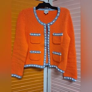 Bright Orange Crochet Cardigan with Blue & White Trim